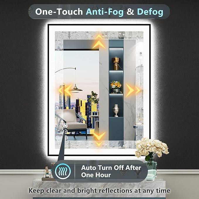 32x36 Black Framed LED Bathroom Mirror with Lights, Backlit & Front Lit, Anti-Fog Lighted Vanity Mirror for Bathroom Wall, 3 Colors, Dimmable, Memory, HD Tempered Glass, Horizontal/Vertical