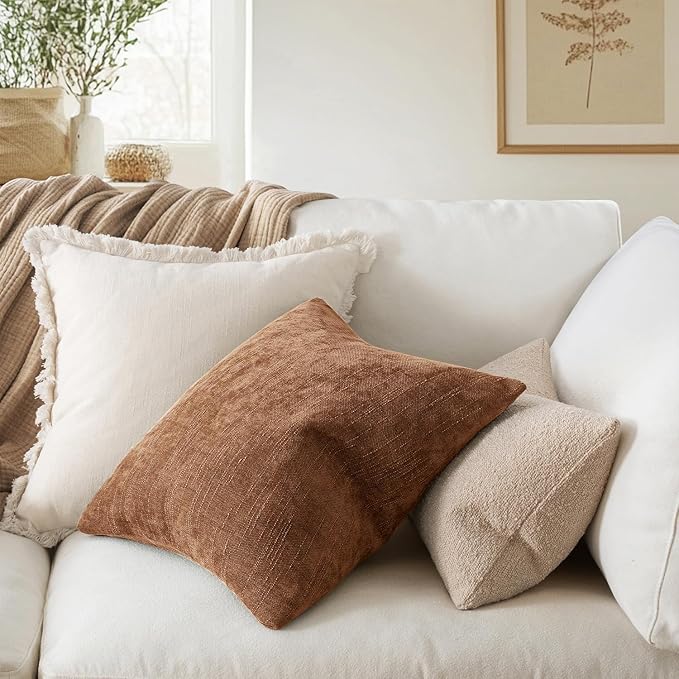 MIULEE Pack of 2 Decorative Throw Pillow Covers Soft Chenille Euro Pillowcases Solid Neutral Farmhouse Textured Cushions Morden Home Decor for Couch Sofa Bedroom Living Room 24x24 Inch,Red Brown
