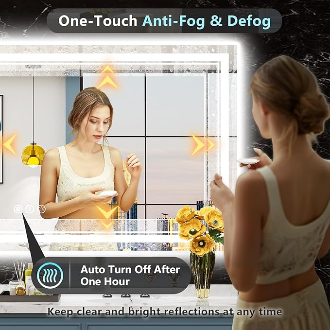 84x40 LED Bathroom Mirror with Lights, Backlit & Front Lit, Anti-Fog Frameless Lighted Vanity Mirrors for Bathroom Wall, Dimmable, 3-Color Light, Memory, Shatter-Proof, Tempered Glass, CRI＞90
