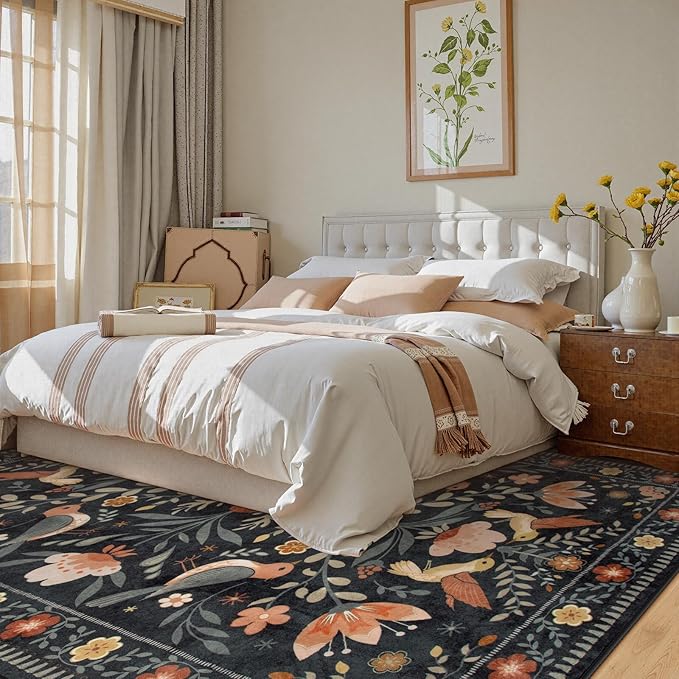 Moynesa Black Washable 8x10 Area Rugs for Living Room Bedroom Dining Room, Modern Transitional Aesthetic Floral Bird Medallion Carpet, Folk Art Home Decor Open Floor Areas Protection Non-Slip