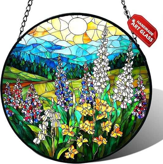 Stained Glass Window Hanging, Wildflowers Plant Scenery Suncatcher for Door Home Decor,Valley Sunrise Sun Catcher Ornament Mother's Day Birthday Gifts for Women Men Mom 6.3 in