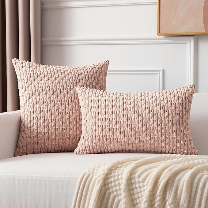 Kevin Textile Pack of 2 Corduroy Decorative Throw Pillow Covers 18x18 Inch Soft Boho Striped Pillow Covers Modern Home Decor Valentines Day Gifts for Spring Sofa Living Room Couch Bed Light Pink