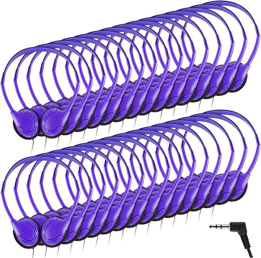 Yunsailing 30 Pack Bulk Over Ear Headphones Set On Ear Headsets Earphones with Adjustable Headband and 3.5mm Plug for Group Learning, Computer Lab, Library, Online Lesson (Purple)
