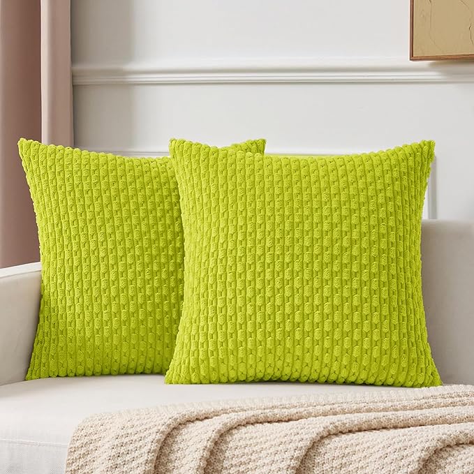 Kevin Textile Decorative Pillow Covers Set of 2 Striped Plush Corduroy Pillows Pillowcases Boho Home Decor Cushion Covers for Couch Sofa Bed Living Room 24x24 Inch, Christmas Green