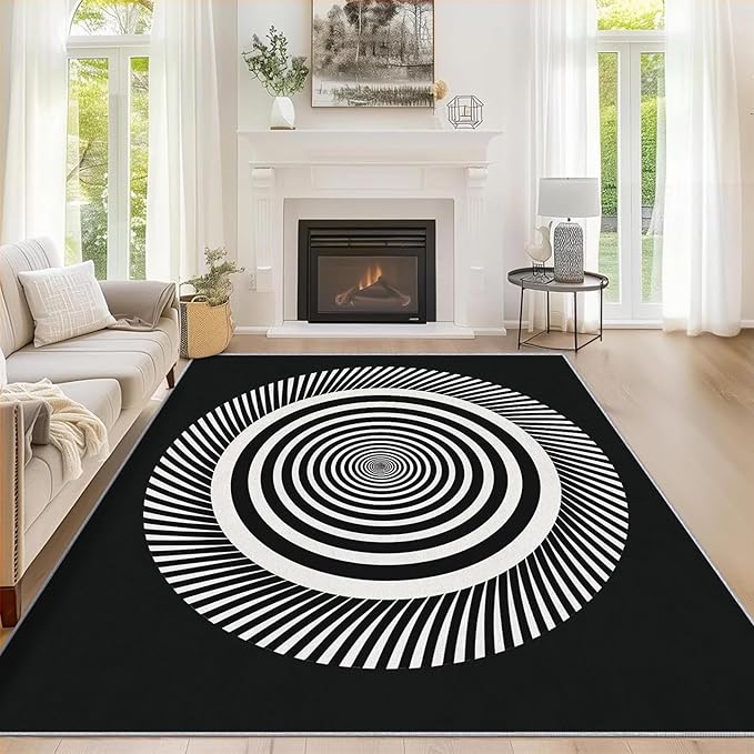 Black and White Circle Rugs for Home Decor, 4x6 ft, Abstract Op Art Area Rugs for Living Room, Soft Non Slip Washable Modern Geometric Carpet Bedroom Decorations Dt-Ghf-31