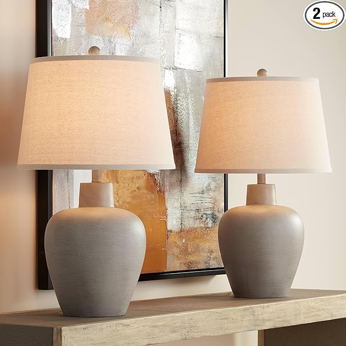 Regency Hill Glenn 27" Tall Urn Natural Cottage Southwestern Table Lamps Set of 2 WiFi Smart Socket Gray Terra Cotta Living Room Bedroom Bedside Nightstand House Office Home Reading Beige Shade
