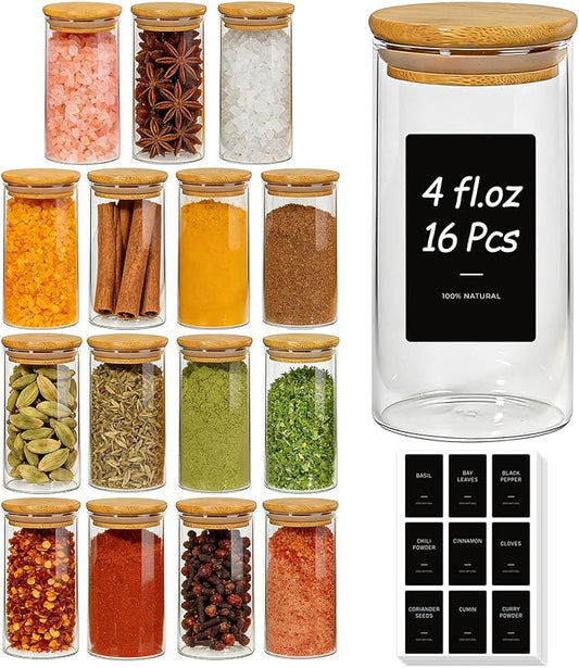 ComSaf Spice Jars with Label 4oz 16 Pack, Glass Spice Jars with Bamboo Lid, Small Seasoning Containers with 54 Black Labels, Stackable for Kitchen, Pantry Organization, Loose Tea, Herbs, Powders, Salt