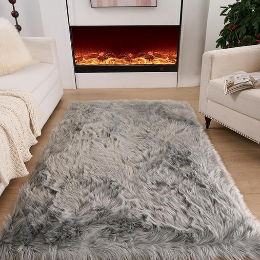 Fluffy Faux Fur Rug Gery Sheepskin Area Rug,4x6 Ft Ultra Soft Shaggy Plush Rug for Bedroom Bedside Living Room Nursery Kids Room