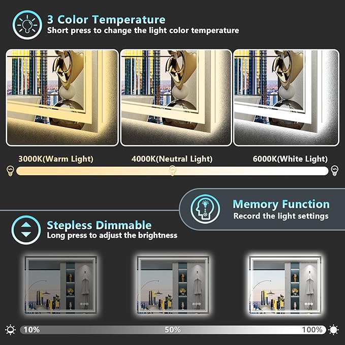40x28 LED Bathroom Mirror with Lights, Backlit + Front Lit, Anti-Fog Lighted Vanity Mirror for Bathroom Wall, 3 Colors, Dimmable, Memory, HD Tempered Glass, Shatter-Proof, Horizontal/Vertical