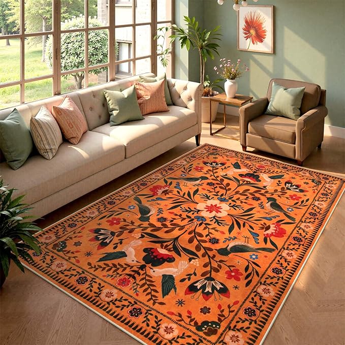 Moynesa Bedroom Rug 5x7, Washable Bohemian Scandinavian Orange Area Rugs for Living Room Dining Room Reading Coner, Modern Country Floral Bird Carpet, Fall Home Decor Non-Slip Protection