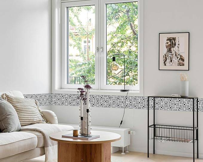 FLFK Wallpaper Border - Black and White Peel and Stick Wall Borders Decal Trim Geometric Pattern 6" x 240"