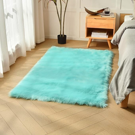 duduta Turquoise Blue Faux Sheepskin Fur Rug 3x5 ft, Fluffy Shag Bedroom Dorm Nursery Playroom Carpet Rug Non Slip Washable