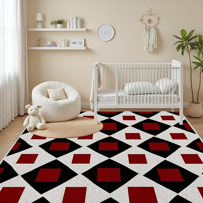 Plaid Rug 5x6, Vintage Geometric Soft Ultra Soft Faux Wool Low Pile Rug, Indoor Floor Mats Carpet, Non-Slip Stain Resistant Washable Rugs, Modern Red Rugs for Living Room Home Office Decor