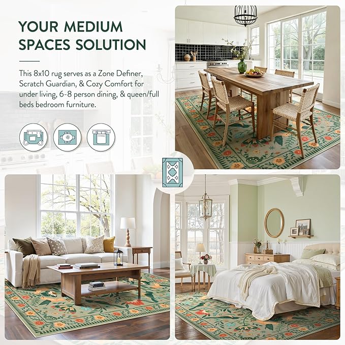 Moynesa Green Washable 8x10 Area Rugs for Living Room Bedroom Dining Room, Modern Farmhouse Country Floral Bird Print Pattern Medallion Carpet, Aesthetic Home Decorations Open Floor Areas Protection