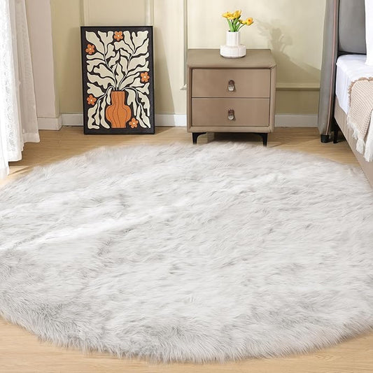 White Round Rugs 6.6ft Large Faux Sheepskin Washable Fur Area Rugs for Living Room Circle Shag Rugs for Bedroom Boho Nursery Rug