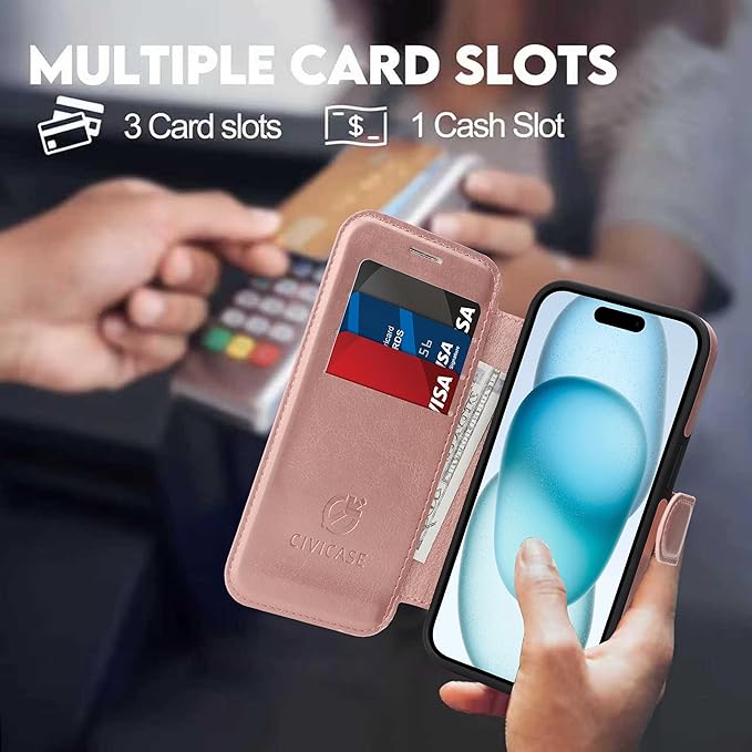 CIVICASE for iPhone 14 Pro Wallet Case with Stand,PU Leather Flip Credit Card Holder Slots (RFID Blocking),Compatible with Magsafe Magnetic Holder Phone Cover Women Men,Rose Gold