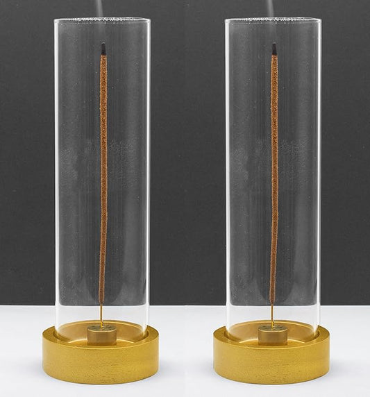 2 pcs Glass Incense Holder for Sticks,Modern Incense Stick Holder with Ash Catcher[Anti ash Flying], Wooden Incense Burner Holder,Zen Glass Incense Holder,for Spa Home Decor Yoga Meditation[Golden]