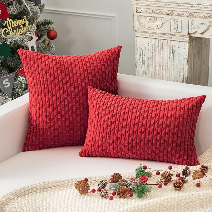 Kevin Textile Christmas Red Corduroy Decorative Throw Pillow Covers 16x16 Inch Pack of 2 Soft Boho Striped Pillow Covers Modern Farmhouse Home Decor for Sofa Living Room Couch Bed