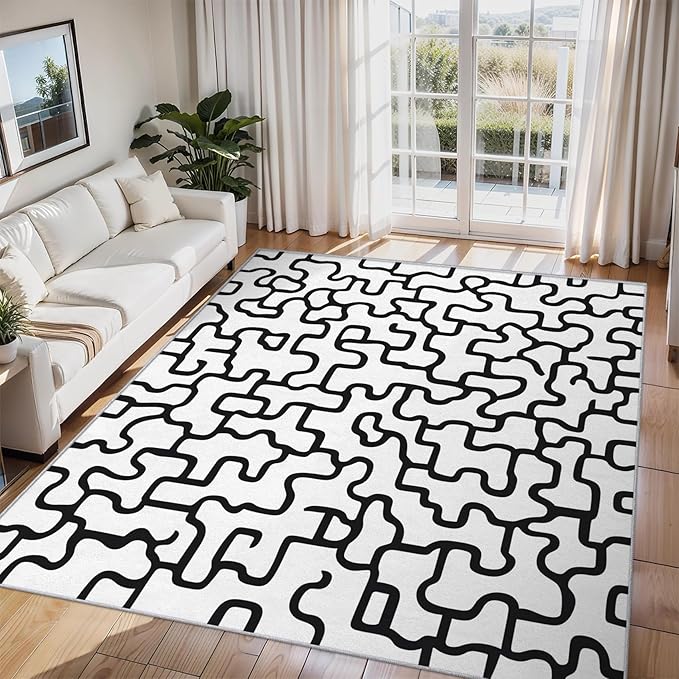 Abstract Geometric Rugs for Home Decor, 7x9 ft, Black and White Labyrinth Area Rugs for Living Room, Soft Non Slip Washable Modern Abstract Line Carpet Bedroom Decorations Dt-Ghf-31