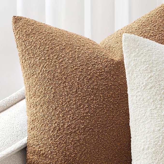 Woaboy Pack of 2 20x20 Inch Decorative Boucle Throw Pillow Covers Textured Square Pillowcaes Accent Solid Cozy Soft Cushion Covers Home Decor for Sofa Couch Living Room Home Decor,Brown