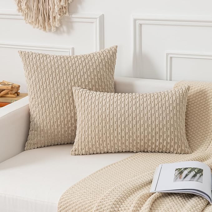 Kevin Textile Throw Pillow Covers Soft Corduroy Decorative Set of 2 Boho Striped Pillow Covers Pillowcases Farmhouse Home Decor for Couch Bed Sofa Living Room 16x16 Inch Beige