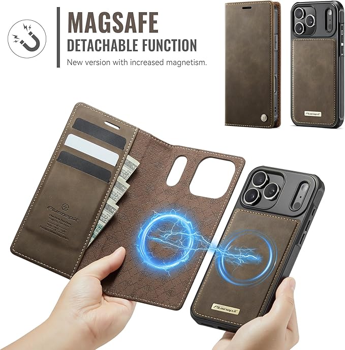 PlusnapX Wallet Case for iPhone 17 Pro Compatible with Magsafe, 2-in-1 PU Leather Flip RFID Blocking Card Holder Stand Shockproof Magnetic Detachable Cover for iPhone 17 Pro Case 6.3", Brown