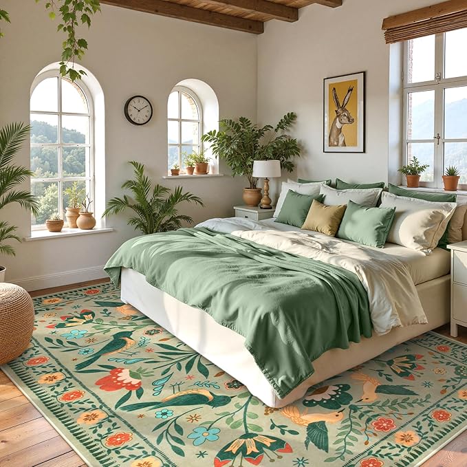Moynesa Green Washable 8x10 Area Rugs for Living Room Bedroom Dining Room, Modern Farmhouse Country Floral Bird Print Pattern Medallion Carpet, Aesthetic Home Decorations Open Floor Areas Protection