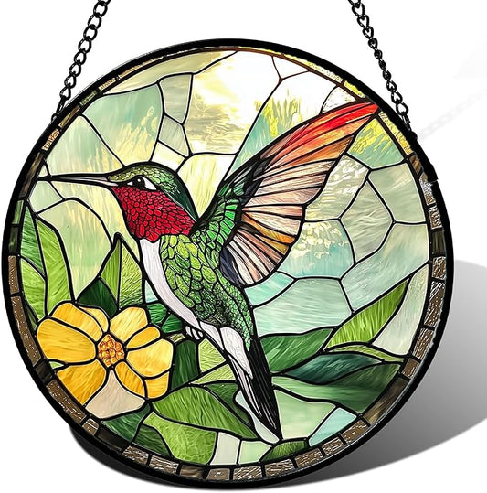 Stained Glass Window Hanging, Green Hummingbird Sun Catcher for Door Home Decor, Birds Suncatcher Christmas Mother's Day Birthday Gifts for Bird Lovers Women Men Mom and Nana 7.8 in