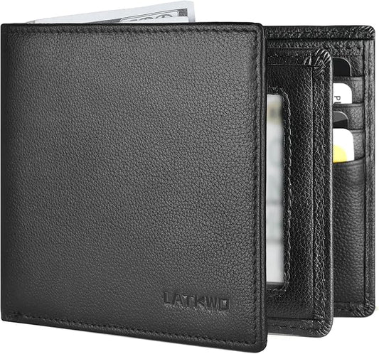 LATKWO Mens Wallet - Genuine Leather Bifold RFID Blocking Slim Front Pocket Large Capacity with 10 Card Slots, 2 ID Windows & 2 Cash Pockets - Heavy Duty Stitched Gift for Men (Black)