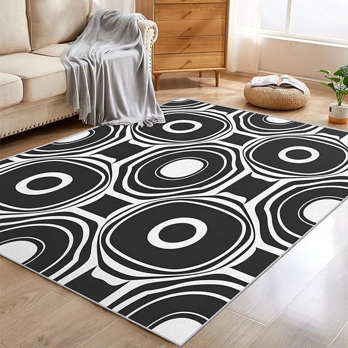 Black and White Geometric Rugs for Home Decor, 6x8 ft, Ring Circle Area Rugs for Living Room, Soft Non Slip Washable Modern Abstract Carpet Bedroom Decorations Dt-Ghf-31