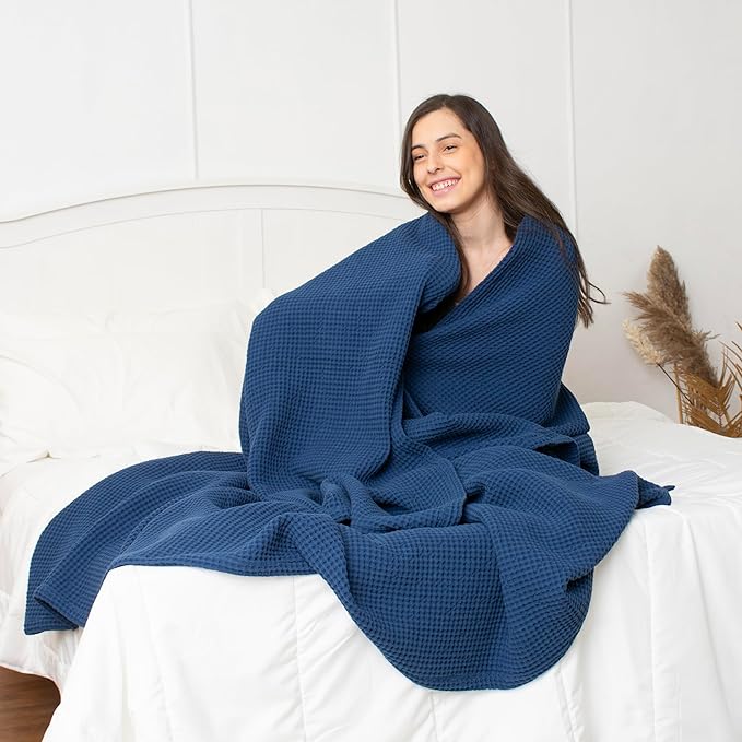 Best Organic Cotton Waffle Blankets King Size (104" x 90") - All-Natural, Toxic-Free, Lightweight, Breathable,Soft, Luxurious, for All Seasons(Blue)