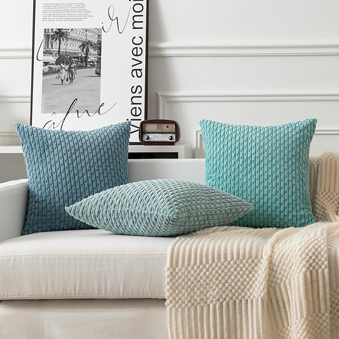 Kevin Textile Throw Pillow Covers Soft Corduroy Decorative Set of 2 Boho Striped Pillow Covers Pillowcases Farmhouse Home Decor for Couch Bed Sofa Living Room 20x20 Inch Blue Grey