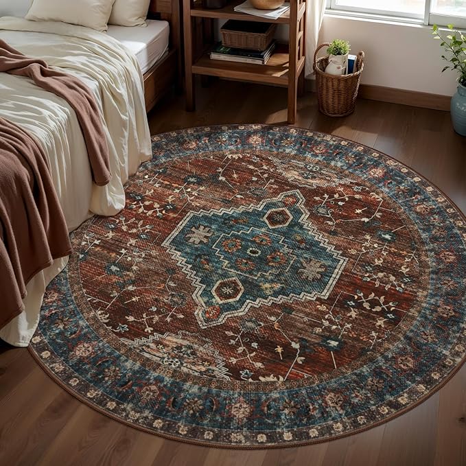 Tangsoo Oriental Round Area Rugs 6ft, Washable Circle Rug, Non Slip Boho Round Area Rug, Vintage Low Pile Circular Rugs,Large Rounds Rugs Carpet for Livingroom Bedroom Nursery Dorm Office Rust/Blue