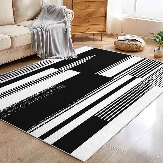 Black and White Stripe Rugs for Home Decor, 6x8 ft, Modern Stripes Area Rugs for Living Room, Soft Non Slip Washable Abstract Striped Carpet Bedroom Decorations Dt-Ghf-31