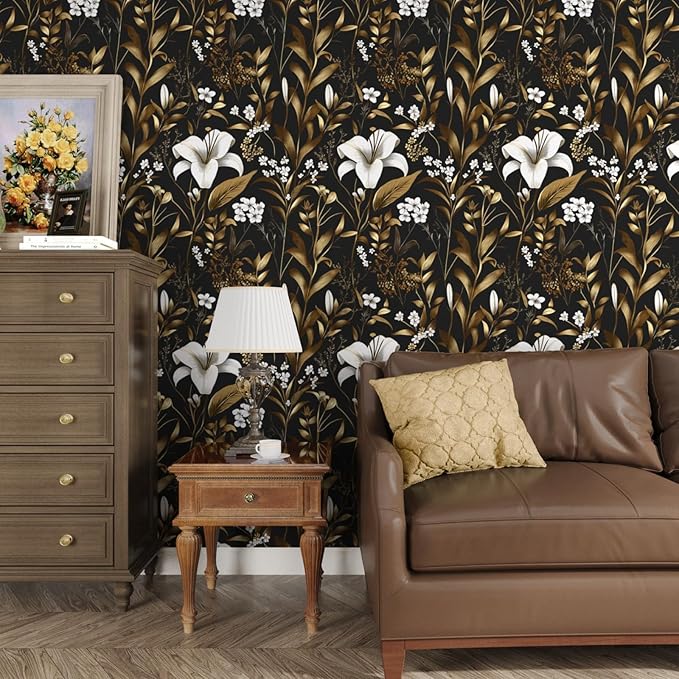 Black White Floral Wallpaper Peel and Stick, Dark Gold Vintage Contact Paper 17.5" x 393", Golden Botanical Wall Paper Self Adhesive Removable Waterproof for Bedroom Cabinet Drawer Table Decor