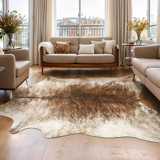AROGAN Western Decor Faux Fur Cowhide Rug, 4.6 x 5.2 Feet Premium Animal Skin Cow Hide Rug, Sturdy Cow Print Rugs for Wall Decor, Western Floor Carpet for Bedroom Living Room, Brownish
