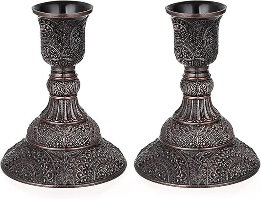 OwnMy Set of 2 Elegant Taper Candle Holders Vintage Metal Taper Candlestick Holders, 4 Inch Tall Taper Candle Stands Decorative Taper Candelabra Set for Dining Table Centerpieces Wedding, Red Bronze