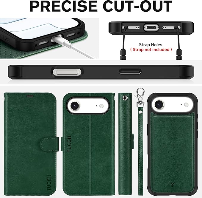 TUCCH 2-in-1 Removable Wallet Case for iPhone Air (6.5-inch) 2025, Wireless Charging | RFID Blocking 4 Card Holder | Wrist Strap | Kickstand | Magnetic | PU Leather | Protective Cover | Dark Green