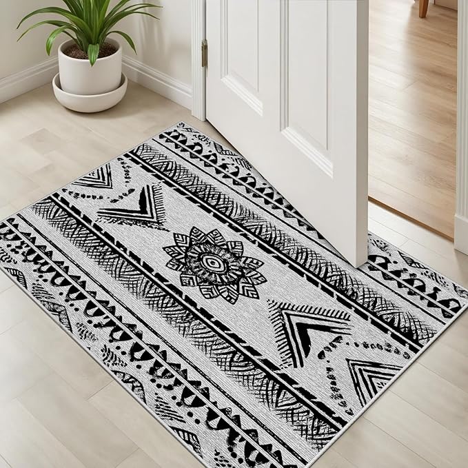 Area Rugs Moroccan for Living Room 6x8, Washable Non-Slip Boho Rug, Neutral Farmhouse Soft Carpet for Bedroom, Kitchen, Dining Room, Entryway, Geometric Print Tribal Carpets, Black and White