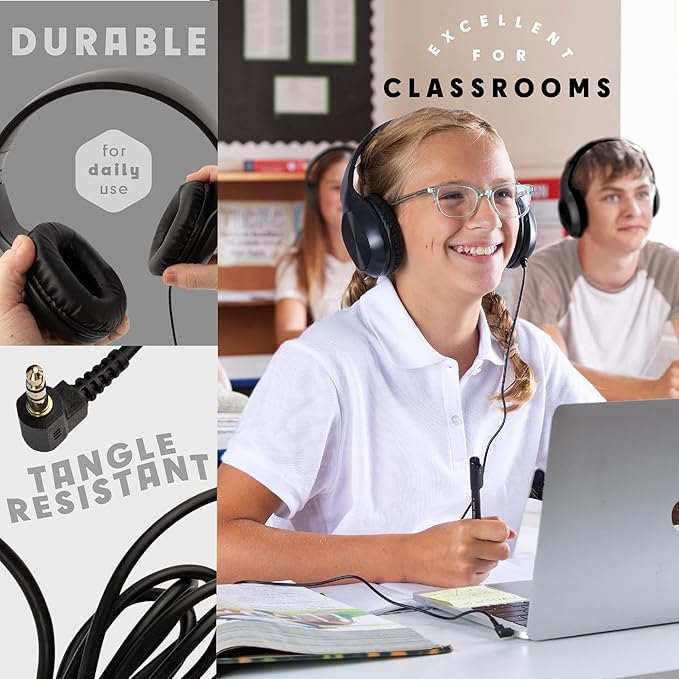 Classroom Headphones-Bulk 10-Pack, Student On Ear Comfy Swivel Earphones for Library, School, Airplane, Kids-for Online Learning and Travel, HQ Stereo Sound 3.5mm Jack (Black)