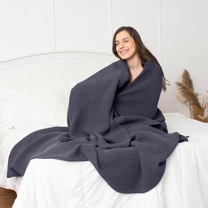 Organic Cotton Waffle Blanket Queen Size (90" x 90") Lightweight, Breathable and Soft, Luxurious Best Waffle Blankets All-Season - Summer, Spring, Winter (Grey)