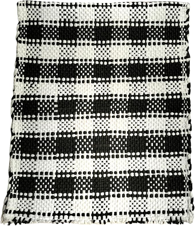 Handmade Mexican Chindi Rug-Colorful Washable Boho Rag Rug 5x2 ft Woven Runner for Kitchen, Bedroom, or Bath, Hippie Area Mat with Tassels, Mexican Style Floor Carpet-Rustic (Checkered Light)