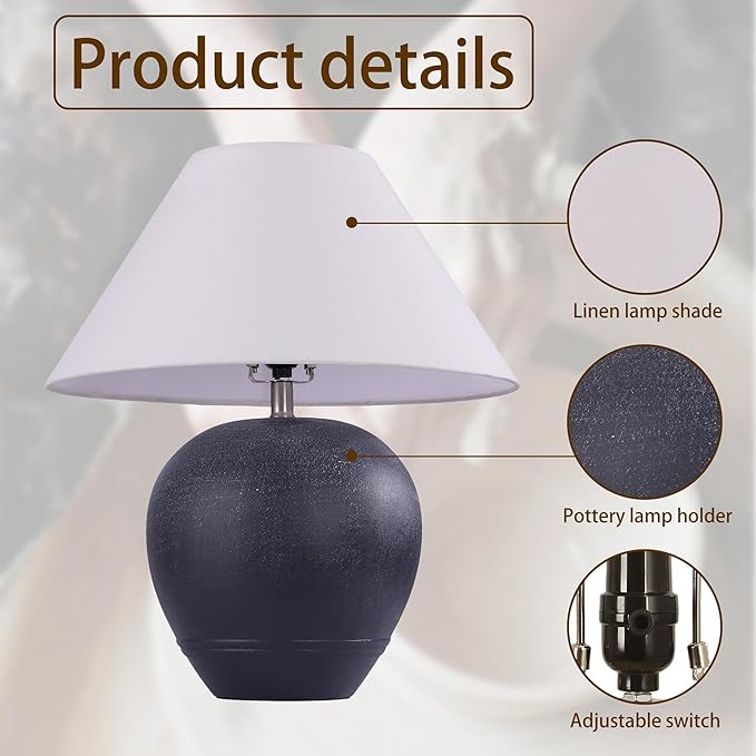 Pia Ricco 21'' Medium Size Black Glossy Ceramic Base Ceramic Basin Table Lamp for Bedroom, Living Room, Dining Room, Office, White Shade,White Smudged Black Base