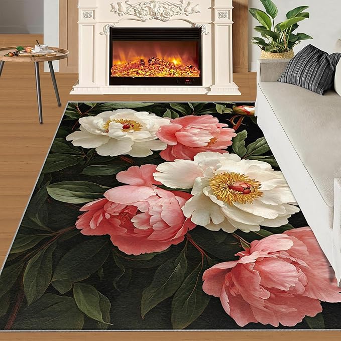 Rustic Flowers Washable Area Rug 6x9, Peony Soft Rugs for Living Room Petals Carpet Area Rugs for Bedroom Dining Room Non-Slip Stain Resistant Rug