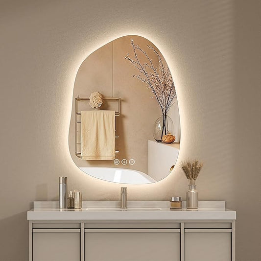 Hasipu Irregular Wall Mirror with Lights- 27"x20"Smart Vanity Mirror with Anti-Fog, 3 Color Modes,Dimmable Light, Memory Function, Backlit Wall Mount, Horizontal/Vertical