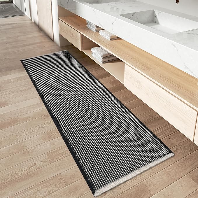 AMOAMI Upgraded Waffle Runner Rug Super Absorbent Non Slip Bath Mats for Bathroom Machine Washable Bathroom Runner Rug with Tassels, Ideal for Hallway Bedroom Laundry Room, 2' x 6', Black & Cream