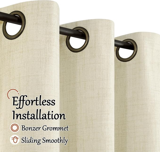 Lajode Cream 100% Blackout Curtains for Bedroom 63 Inch Length 2 Panels, Thermal Insulated Complete Light Blocking Noise Reducing Linen Window Curtains for Nursery, Bronze Grommet, Each 52" Wide
