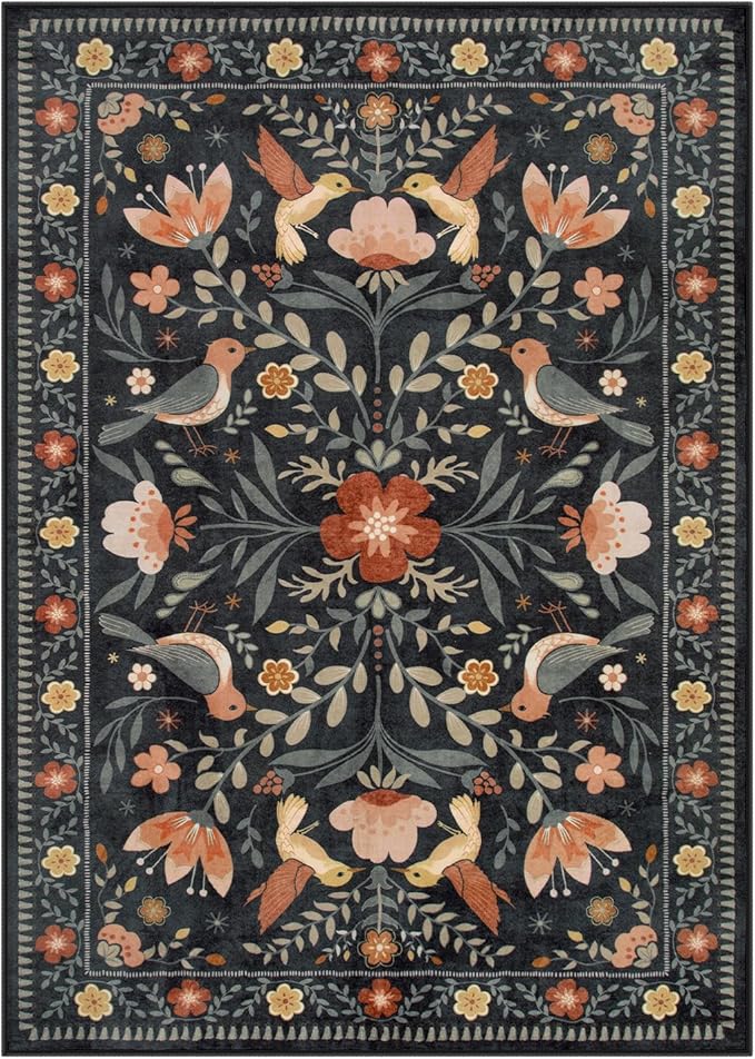 Moynesa Bedroom Rug 5x7, Washable Modern Transitional Black Area Rugs for Living Room Dining Room, Farmhouse Floral Bird Print Carpet, Folk Art Home Decor Open Floor Areas Non-Slip Protection