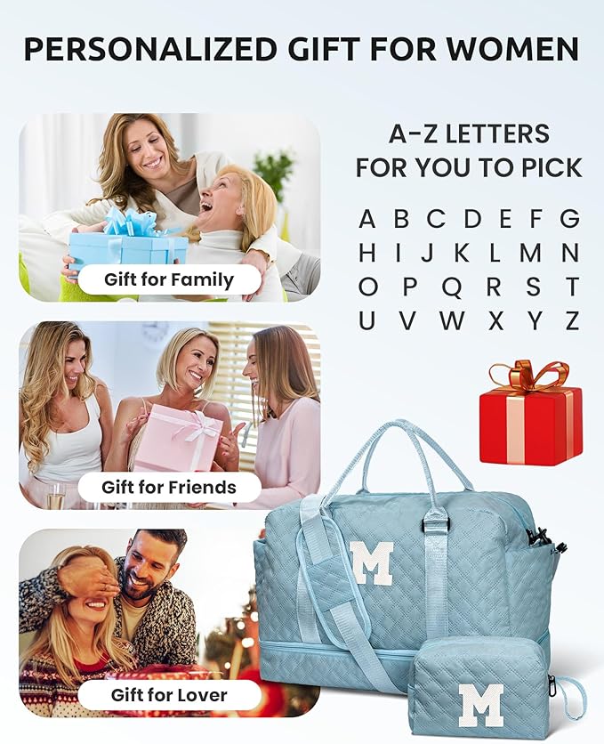 Vogewood Personalized Gifts-Teen Duffle Bag with Shoe Compartment, Personalized Weekender Bag, Monogram Overnight Bag, Letter Travel Bag with Makeup Bag，Birthday Gift For Grandma (Letter O)