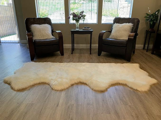 LAMBZY Faux Sheepskin Super Soft Hypoallergenic Silky Shag Rug for Living Room, Kids Room, Sofa (Quarto 4 Pelts Side by Side 3'x8', Cream)